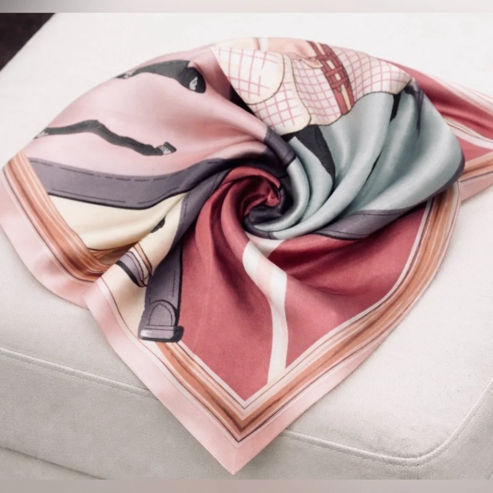 Equestrian Print Silk-Feel Head Scarf 35X35 - Picture 3 of 7